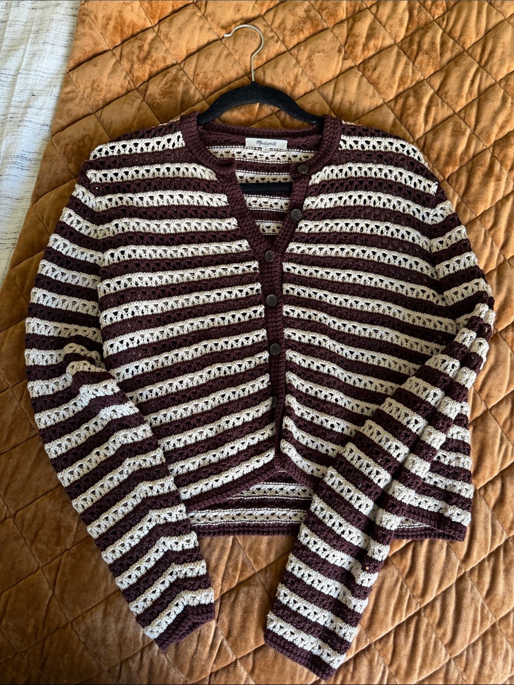 Madewell Burgundy & Cream Striped Crochet Cardigan